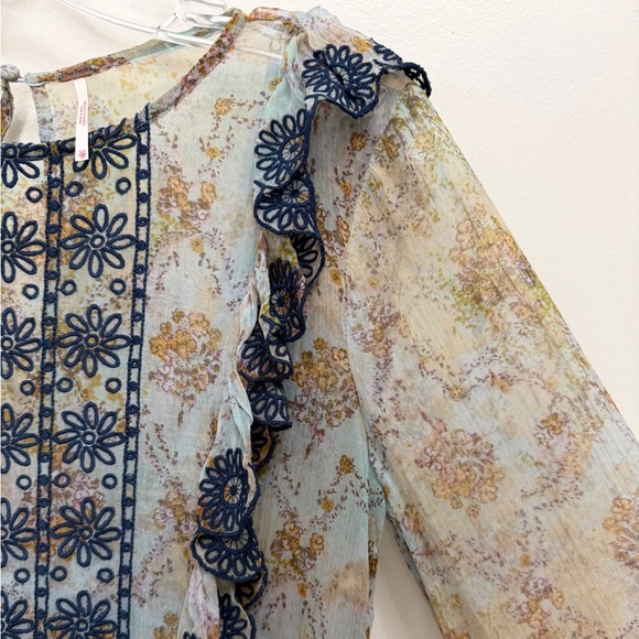 Free People Country Roads Mini Dress Lightweight Embroidered Ruffle Blue Size XS - Picture 6 of 11